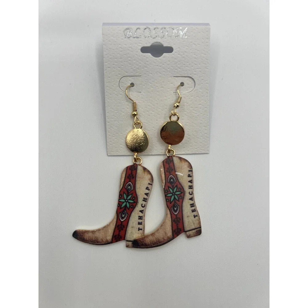 Blossom Tehachapi Cowboy Boot Drop Earrings Gold Tone Western Dangle Boho